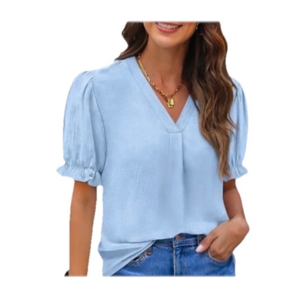 VNeck Puff Sleeve Pleated Powder Blue Short Sleeve Stretch Pullover  Top Blouse